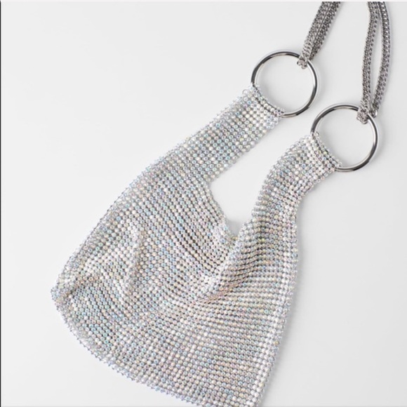 ZARA BNWT Metallic Mesh Beaded Bucket Bag with Chain Shoulder Strap - Picture 5 of 8